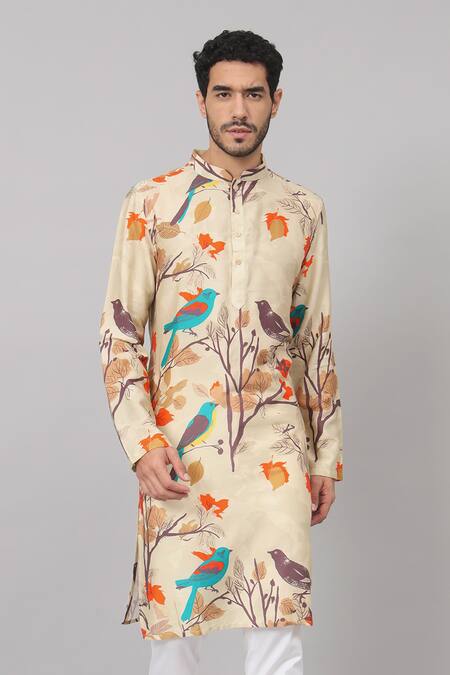 Shop_Hilo Design_Cream Gingham, Cotton Serene Bird Print Kurta With Pant _Online_at_Aza_Fashions