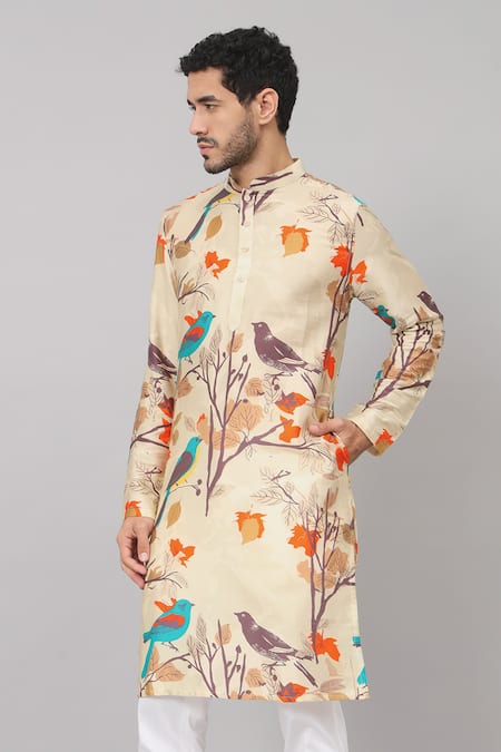 Hilo Design_Cream Gingham, Cotton Serene Bird Print Kurta With Pant _at_Aza_Fashions
