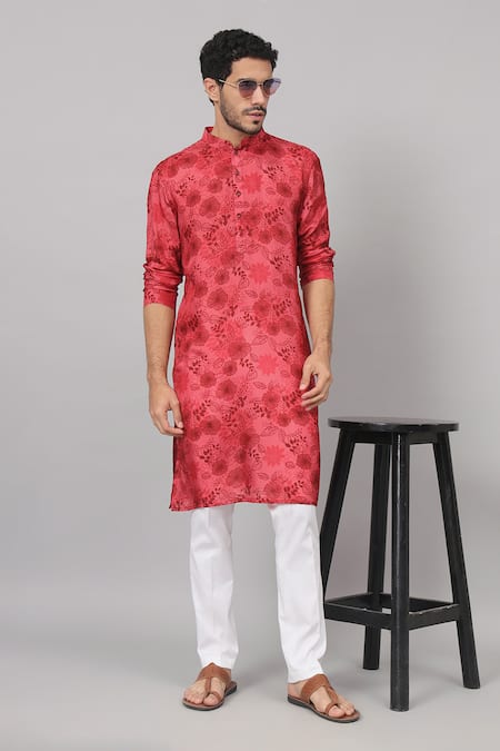 Hilo Design Red Russian Silk Print Floral Blossom Kurta With Pant