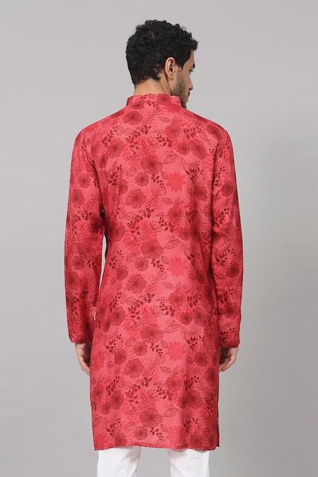 Shop_Hilo Design_Red Silk, Cotton Embroidery Blossom Print Kurta With Pant _at_Aza_Fashions