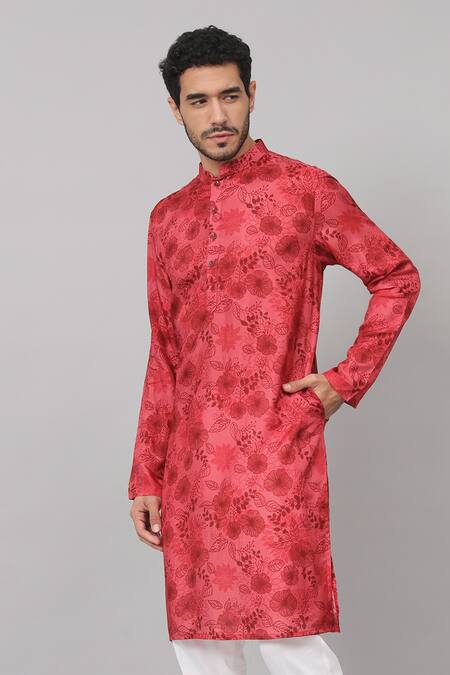 Buy_Hilo Design_Red Silk, Cotton Embroidery Blossom Print Kurta With Pant _Online_at_Aza_Fashions