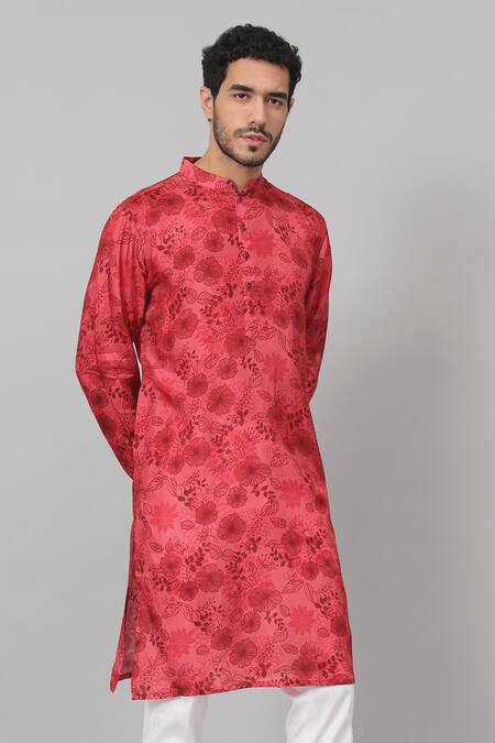 Shop_Hilo Design_Red Silk, Cotton Embroidery Blossom Print Kurta With Pant _Online_at_Aza_Fashions