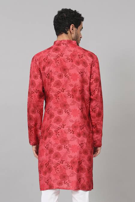 Buy_Hilo Design_Red Silk, Cotton Embroidery Blossom Print Kurta With Pant 