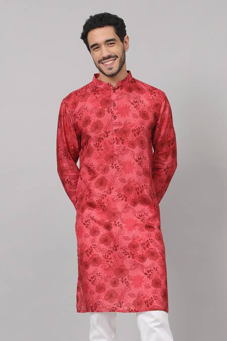 Shop_Hilo Design_Red Silk, Cotton Embroidery Blossom Print Kurta With Pant 
