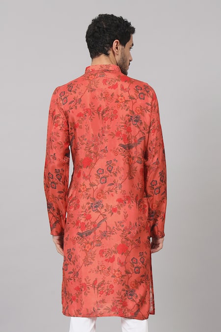 Shop Hilo Design Orange Silk Embroidery Flower Vine Print Kurta With Pant at Aza Fashions Shop_Hilo Design_Orange Silk Embroidery Flower Vine Print Kurta With Pant_at_Aza_Fashions