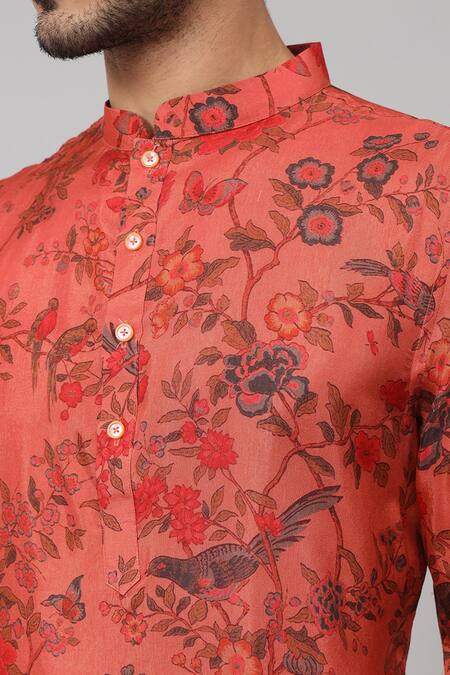 Hilo Design Orange Silk Embroidery Flower Vine Print Kurta With Pant Online at Aza Fashions Hilo Design_Orange Silk Embroidery Flower Vine Print Kurta With Pant_Online_at_Aza_Fashions