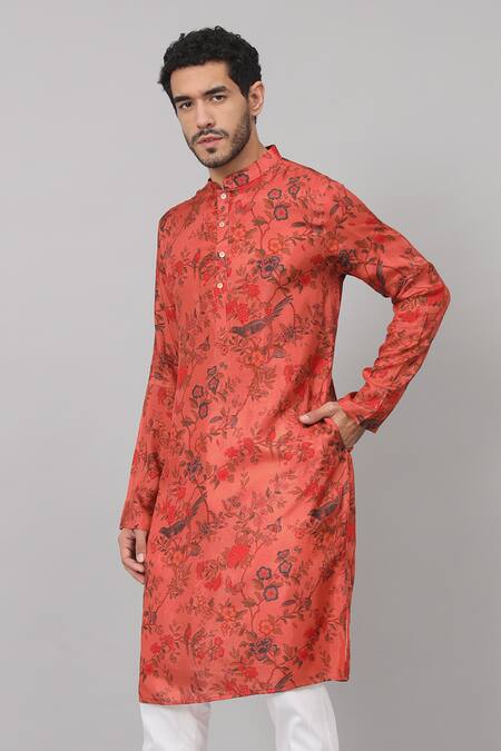 Shop Hilo Design Orange Silk Embroidery Flower Vine Print Kurta With Pant Online at Aza Fashions Shop_Hilo Design_Orange Silk Embroidery Flower Vine Print Kurta With Pant_Online_at_Aza_Fashions