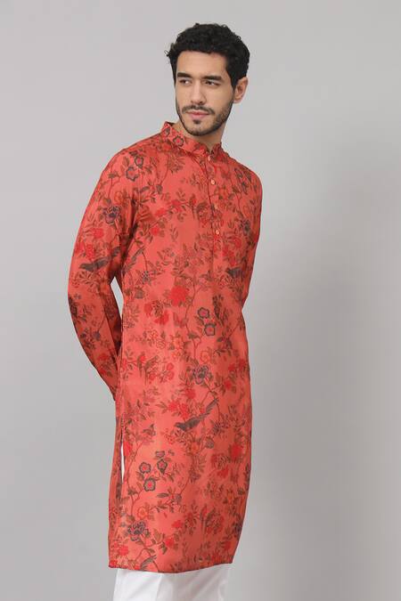 Hilo Design Orange Silk Embroidery Flower Vine Print Kurta With Pant at Aza Fashions Hilo Design_Orange Silk Embroidery Flower Vine Print Kurta With Pant_at_Aza_Fashions