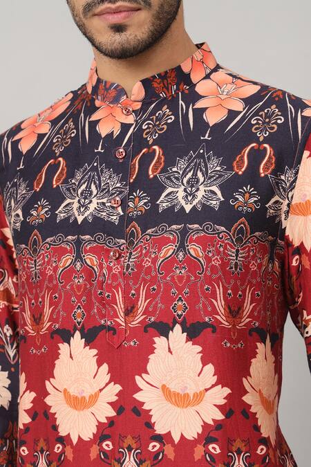 Shop Hilo Design Blue Gingham, Cotton Embroidery Color Block Blossom Print Kurta With Pant Online at Aza Fashions Shop_Hilo Design_Blue Gingham, Cotton Embroidery Color Block Blossom Print Kurta With Pant _Online_at_Aza_Fashions