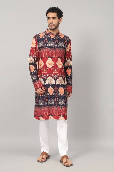 Hilo Design Blue Gingham, Cotton Embroidery Color Block Blossom Print Kurta With Pant at Aza Fashions Hilo Design_Blue Gingham, Cotton Embroidery Color Block Blossom Print Kurta With Pant _at_Aza_Fashions