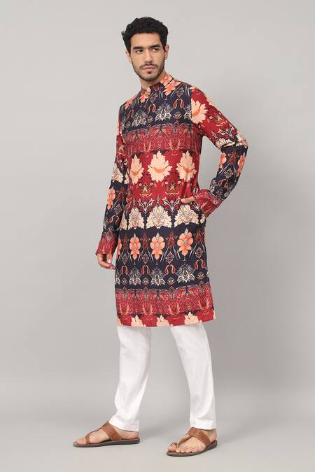 Buy Hilo Design Blue Gingham, Cotton Embroidery Color Block Blossom Print Kurta With Pant Buy_Hilo Design_Blue Gingham, Cotton Embroidery Color Block Blossom Print Kurta With Pant