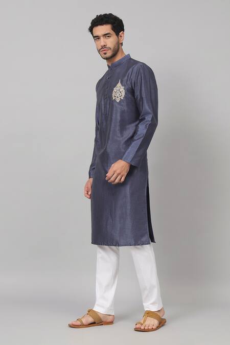 Buy_Hilo Design_Blue Silk Embroidery Placement Motif Kurta With Pant _Online_at_Aza_Fashions
