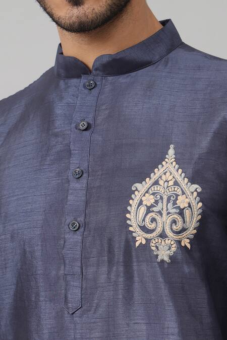 Hilo Design_Blue Silk Embroidery Placement Motif Kurta With Pant _at_Aza_Fashions
