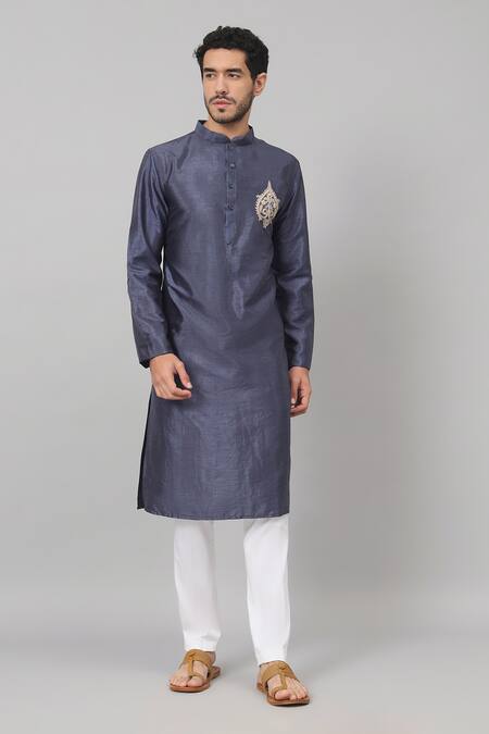 Buy_Hilo Design_Blue Silk Embroidery Placement Motif Kurta With Pant 
