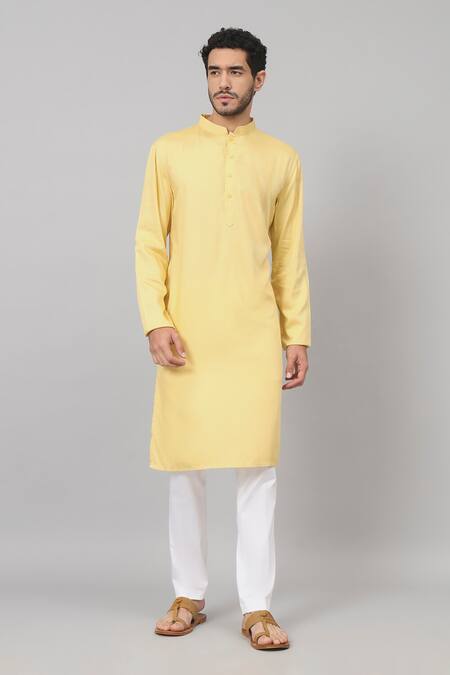 Shop Hilo Design Yellow Gingham, Cotton Plain Kurta With Pant at Aza Fashions Shop_Hilo Design_Yellow Gingham, Cotton Plain Kurta With Pant_at_Aza_Fashions