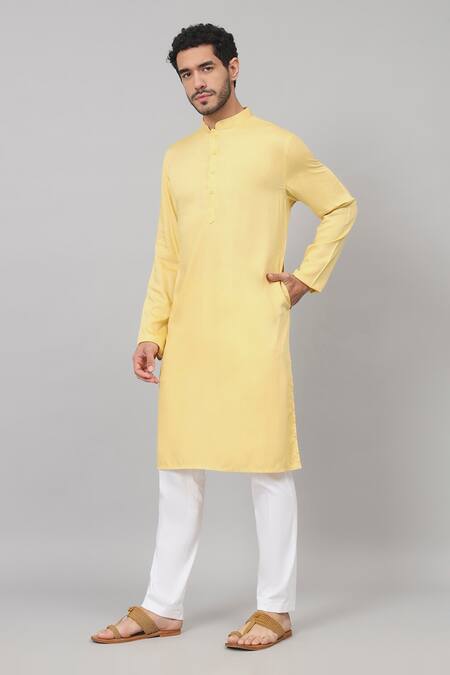 Shop Hilo Design Yellow Gingham, Cotton Plain Kurta With Pant Online at Aza Fashions Shop_Hilo Design_Yellow Gingham, Cotton Plain Kurta With Pant_Online_at_Aza_Fashions