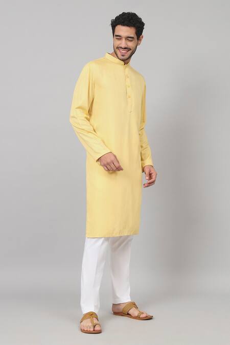 Hilo Design Yellow Gingham, Cotton Plain Kurta With Pant at Aza Fashions Hilo Design_Yellow Gingham, Cotton Plain Kurta With Pant_at_Aza_Fashions