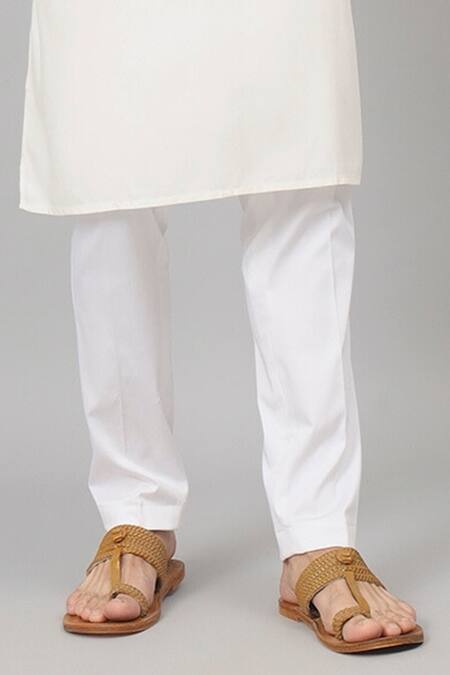 Hilo Design_Off White Gingham, Cotton Plain Straight Kurta With Pant_Online_at_Aza_Fashions