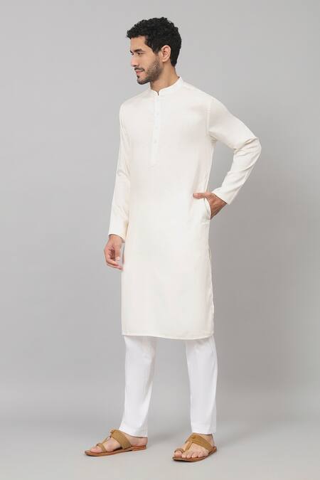 Shop_Hilo Design_Off White Gingham, Cotton Plain Straight Kurta With Pant_Online_at_Aza_Fashions