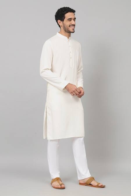 Hilo Design_Off White Gingham, Cotton Plain Straight Kurta With Pant_at_Aza_Fashions