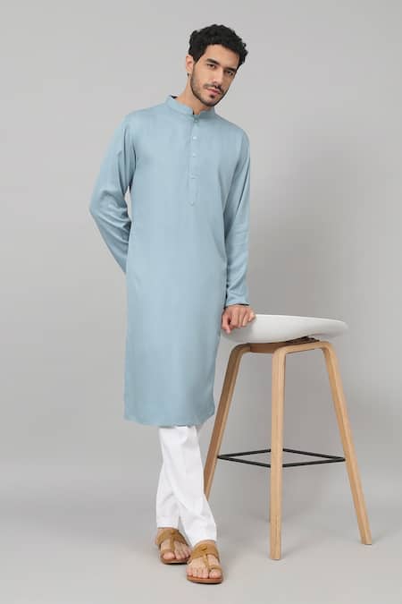 Hilo Design Blue Gingham Plain Kurta Set With Pant
