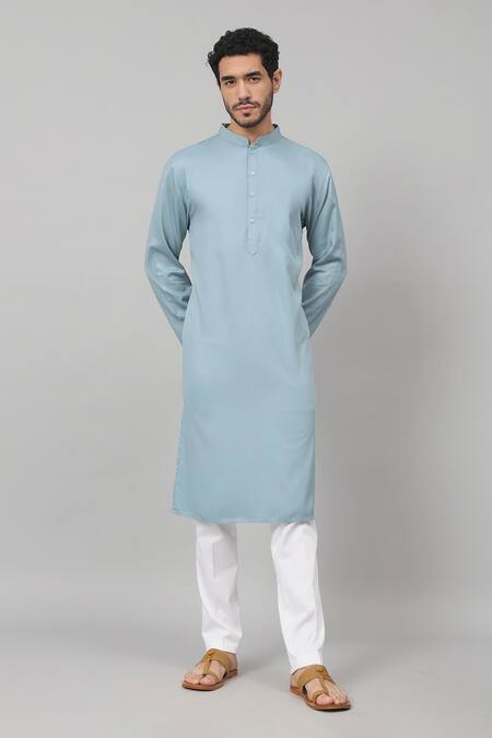 Buy_Hilo Design_Blue Gingham Plain Kurta Set With Pant_Online_at_Aza_Fashions