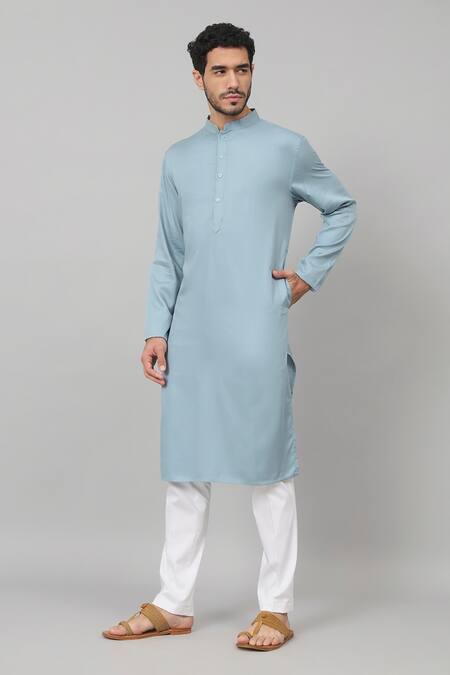 Shop_Hilo Design_Blue Gingham Plain Kurta Set With Pant_Online_at_Aza_Fashions