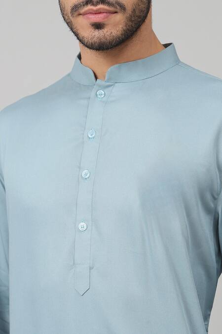 Hilo Design_Blue Gingham Plain Kurta Set With Pant_at_Aza_Fashions