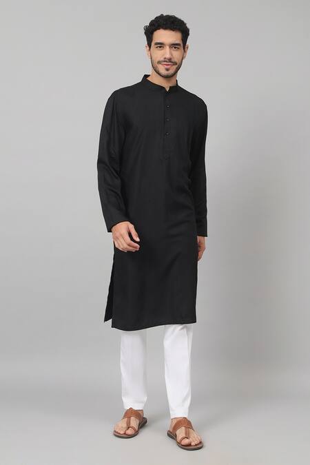 Buy_Hilo Design_Black Gingham, Cotton Plain Straight Fit Kurta With Pant_Online_at_Aza_Fashions