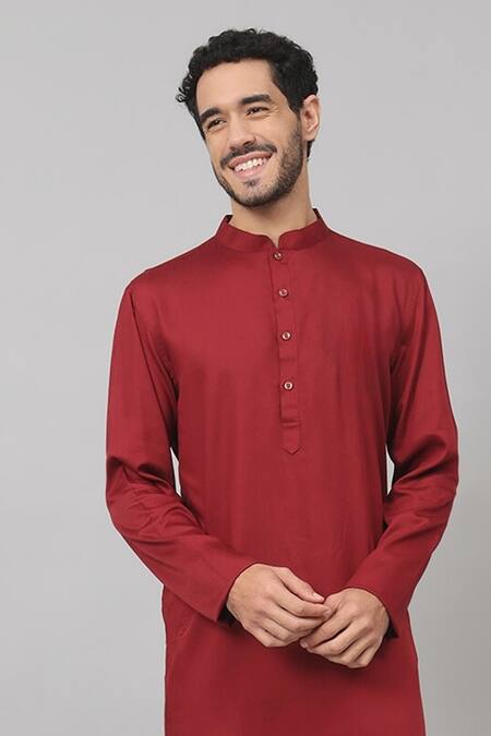 Hilo Design_Maroon Gingham, Cotton Plain Kurta With Contrast Pant_Online_at_Aza_Fashions