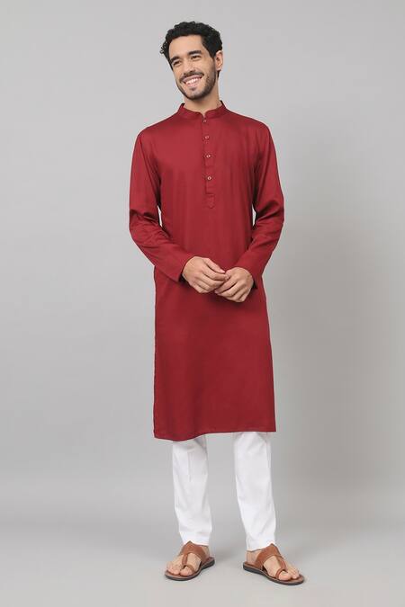 Hilo Design_Maroon Gingham, Cotton Plain Kurta With Contrast Pant_at_Aza_Fashions