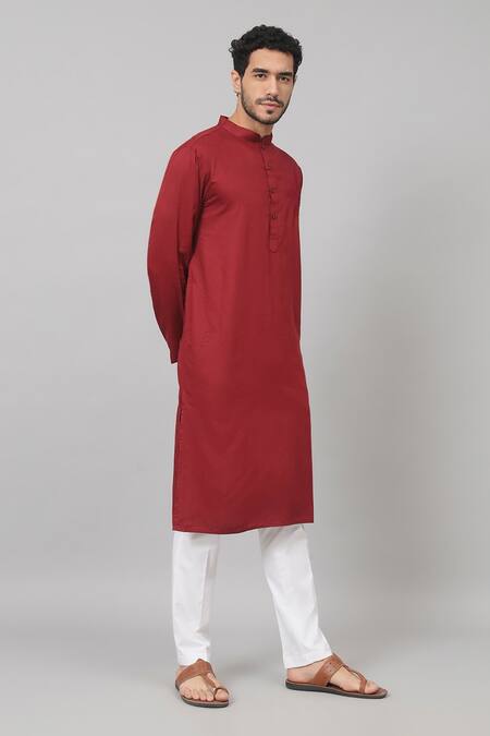 Buy_Hilo Design_Maroon Gingham, Cotton Plain Kurta With Contrast Pant
