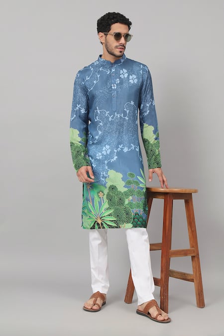Hilo Design_Blue Silk Russian Tree Bark Print Kurta _Online_at_Aza_Fashions