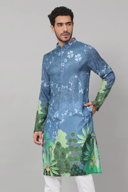 Buy_Hilo Design_Blue Silk Russian Tree Bark Print Kurta _Online_at_Aza_Fashions