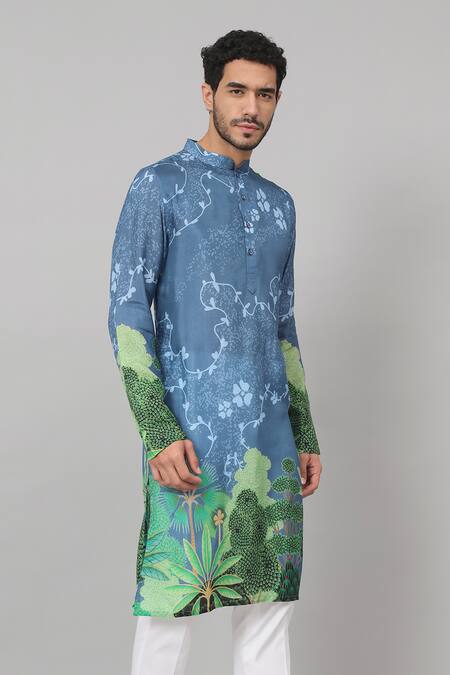 Shop_Hilo Design_Blue Silk Russian Tree Bark Print Kurta _Online_at_Aza_Fashions