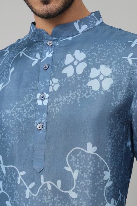 Hilo Design_Blue Silk Russian Tree Bark Print Kurta _at_Aza_Fashions