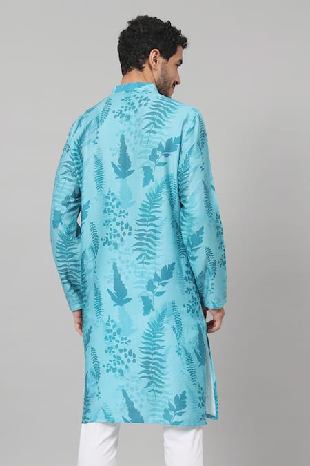 Shop Hilo Design Blue Gingham Hojas Breezy Leaf Print Kurta at Aza Fashions Shop_Hilo Design_Blue Gingham Hojas Breezy Leaf Print Kurta _at_Aza_Fashions
