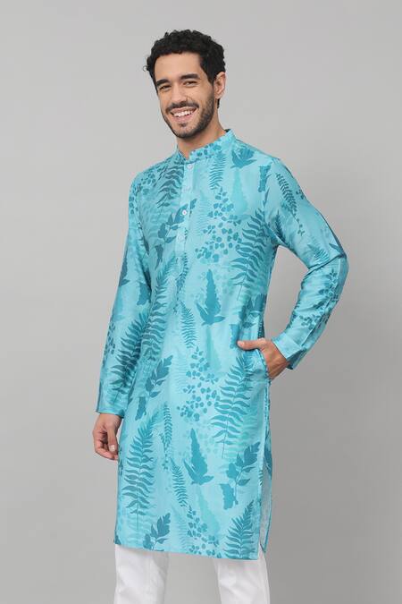 Buy Hilo Design Blue Gingham Hojas Breezy Leaf Print Kurta Online at Aza Fashions Buy_Hilo Design_Blue Gingham Hojas Breezy Leaf Print Kurta _Online_at_Aza_Fashions