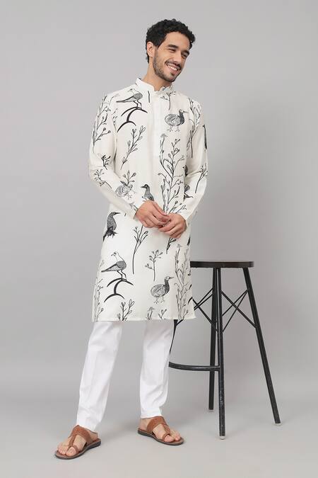 Hilo Design_White Gingham Feather Bird Print Kurta _Online_at_Aza_Fashions