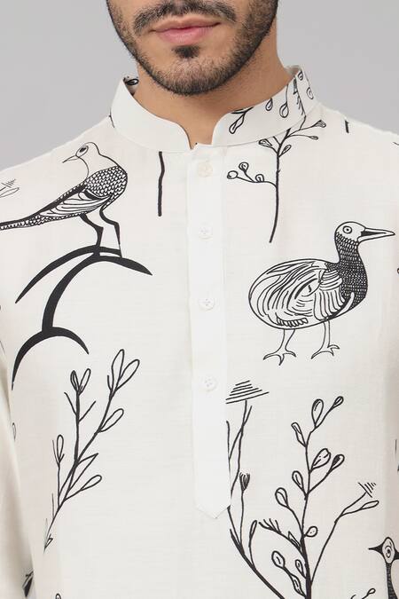 Hilo Design_White Gingham Feather Bird Print Kurta _at_Aza_Fashions