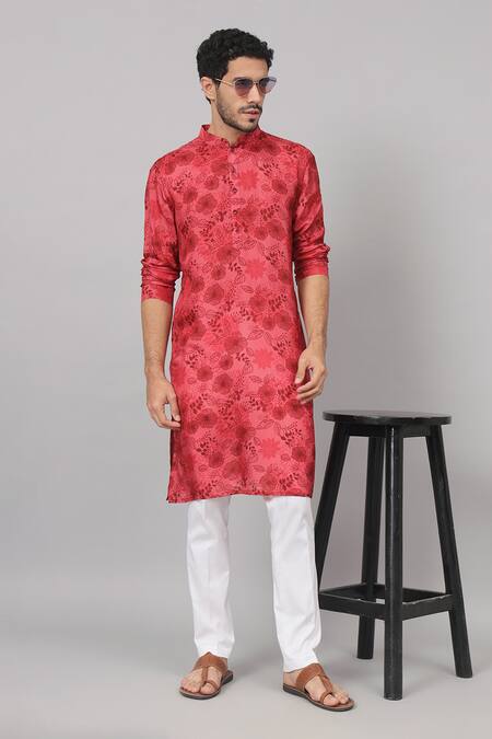 Hilo Design Red Silk Blossomage Floral Print Kurta Online at Aza Fashions Hilo Design_Red Silk Blossomage Floral Print Kurta _Online_at_Aza_Fashions