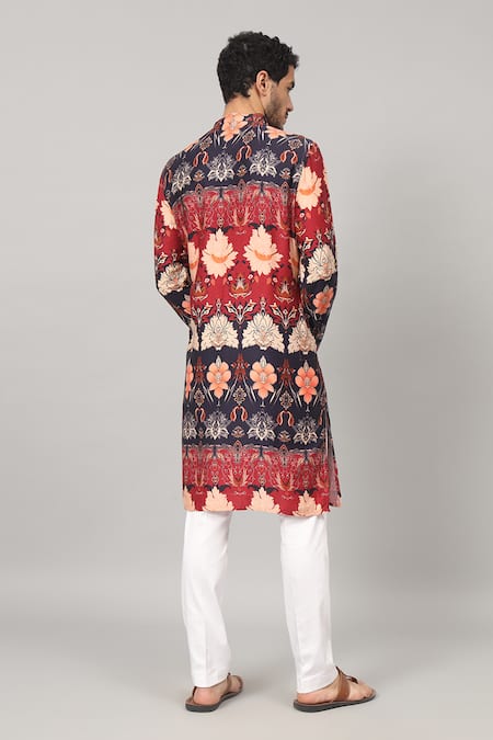 Shop_Hilo Design_Blue Gingham Blossom Print Giza Cotton Kurta For Kids_at_Aza_Fashions