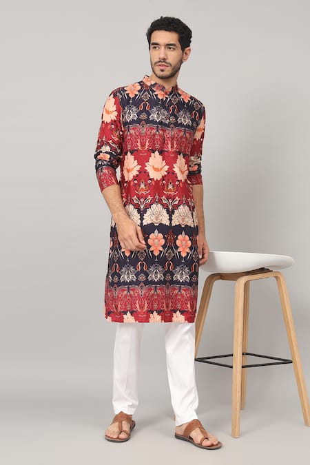 Hilo Design_Blue Gingham Blossom Print Giza Cotton Kurta For Kids_Online_at_Aza_Fashions