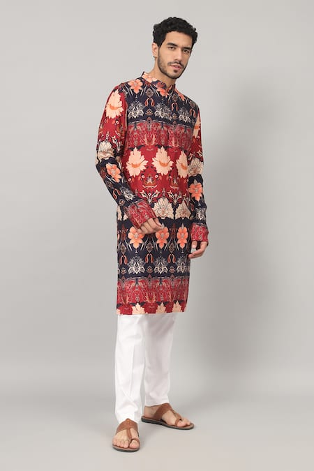 Shop_Hilo Design_Blue Gingham Blossom Print Giza Cotton Kurta For Kids_Online_at_Aza_Fashions
