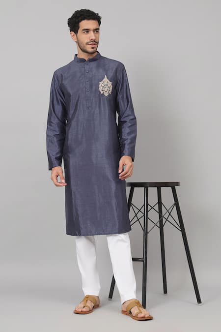 Hilo Design_Blue Silk Embroidery Motif Kurta For Kids_Online_at_Aza_Fashions