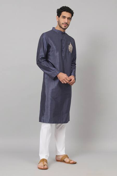 Buy_Hilo Design_Blue Silk Embroidery Motif Kurta For Kids_Online_at_Aza_Fashions