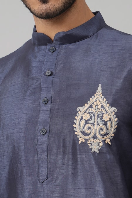 Shop_Hilo Design_Blue Silk Embroidery Motif Kurta For Kids_Online_at_Aza_Fashions