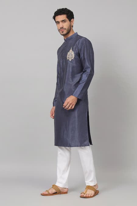 Hilo Design_Blue Silk Embroidery Motif Kurta For Kids_at_Aza_Fashions