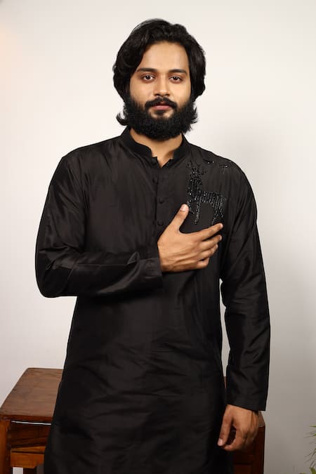 Shop_Hilo Design_Black Silk Embroidery Reindeer Kurta And Pant Set _at_Aza_Fashions