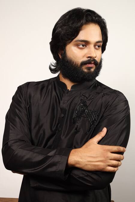 Hilo Design_Black Silk Embroidery Reindeer Kurta And Pant Set _Online_at_Aza_Fashions